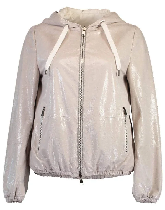 women's windbreaker jackets -Crackled Leather Hooded Bomber Jacket