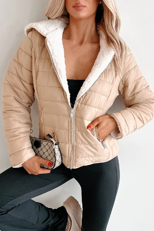 women’s belted blazers -DOORBUSTER Winter's Kiss Reversible Sherpa Lined Puffer Jacket (Khaki)