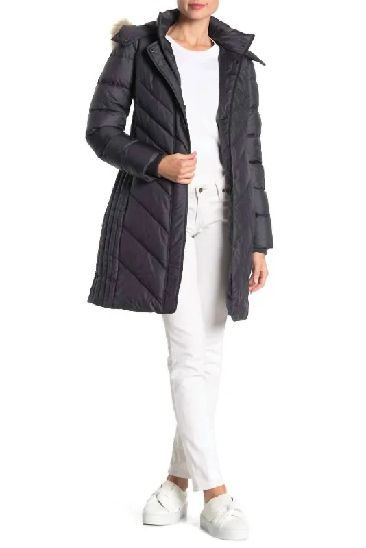 ladies' fleece jackets -Mid Length Faux Fur Hooded Puffer Jacket In Gray