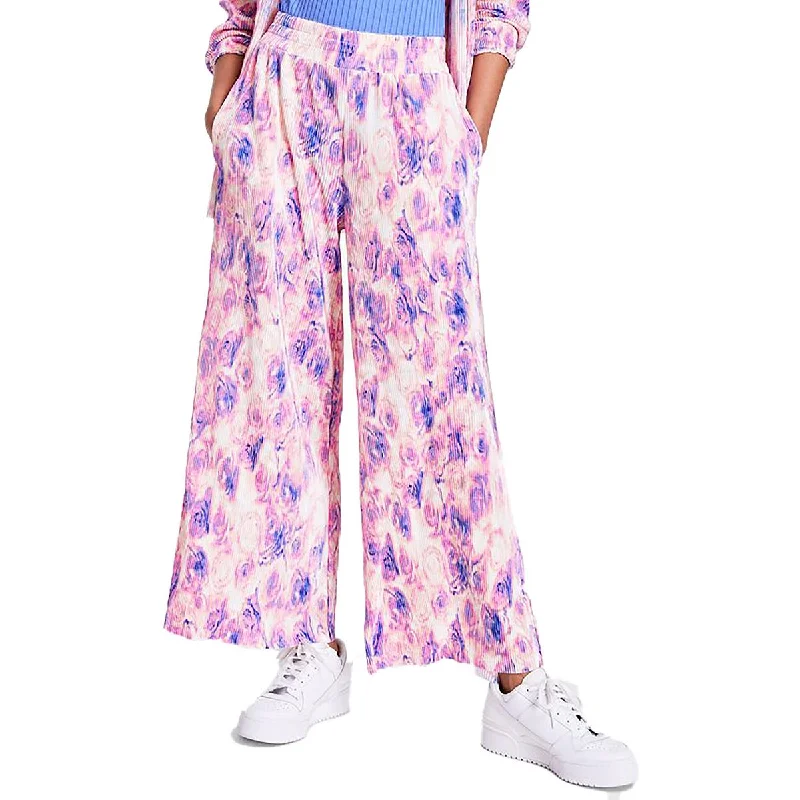 ladies' retro-style skirts -Petites Womens Pleated Printed Wide Leg Pants