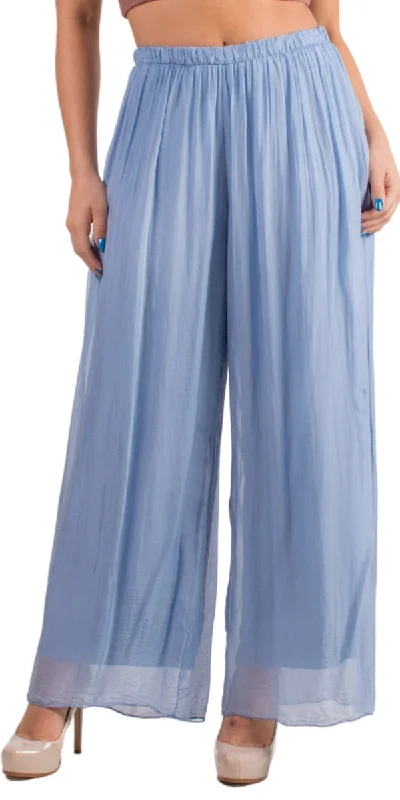 trendy wide-leg pants for women -Blue Silk Palazzo Pants