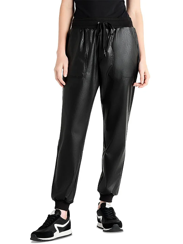 trendy wide-leg pants for women -Womens Faux Leather Pull On Jogger Pants