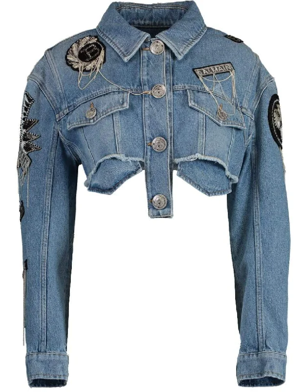 women's cropped blazers -Cropped Embroidered Denim Jacket