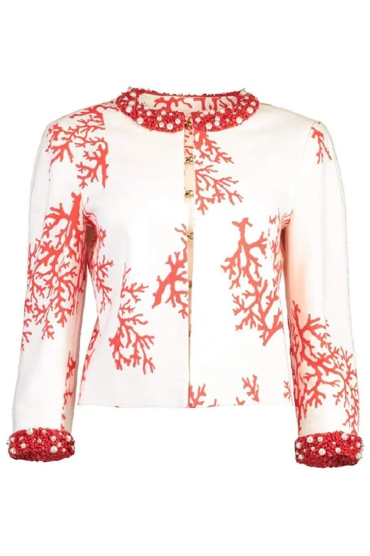 ladies' belted wool coats -Coral Print Beaded Jacket