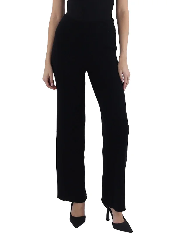 women's high-waisted pants -Womens Knit Ribbed Wide Leg Pants