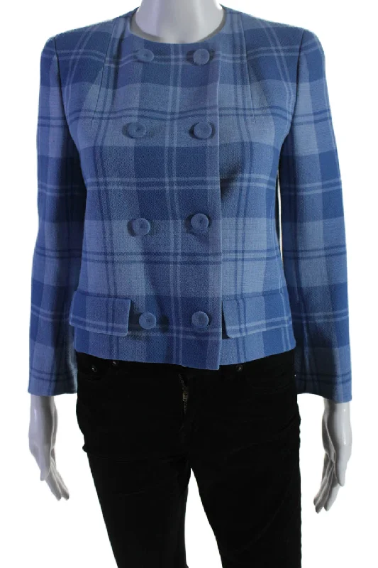 women’s short wool coats -Akris Womens Long Sleeve Double Breasted Crew Neck Plaid Jacket Blue Wool