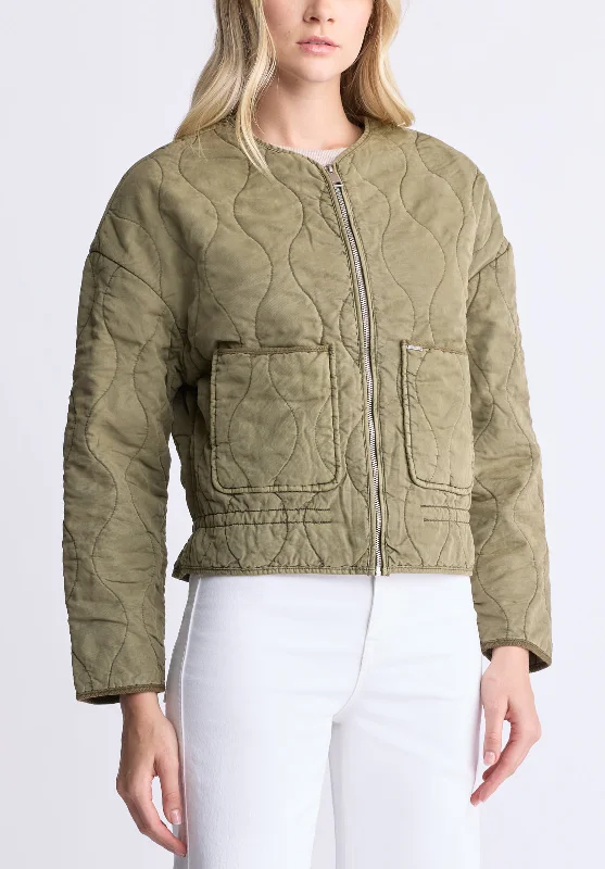 trendy outerwear for women -Annalee Women's Quilted Cropped Jacket, Olive green - JK0025H