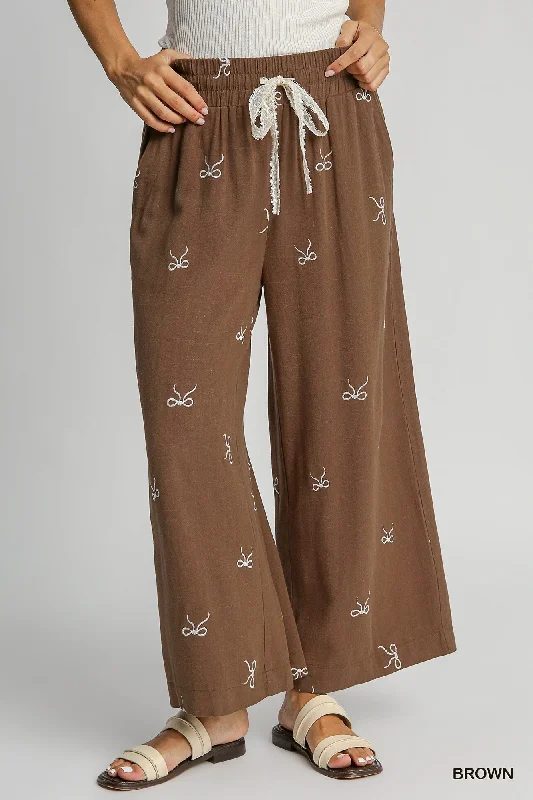 women's sporty joggers -Brown Linen Blend Pants w/ Ecru Embroidered Bows