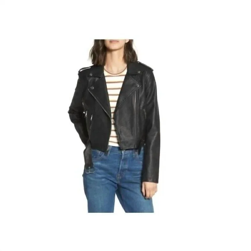 women's short trench coats -Faux Leather Belted Asymmetrical Motorcycle Jacket In Black