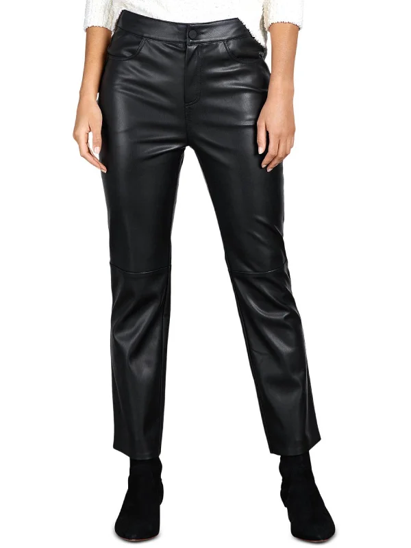 casual wide-leg pants for women -Womens Faux Leather Fleece Lined Cropped Pants