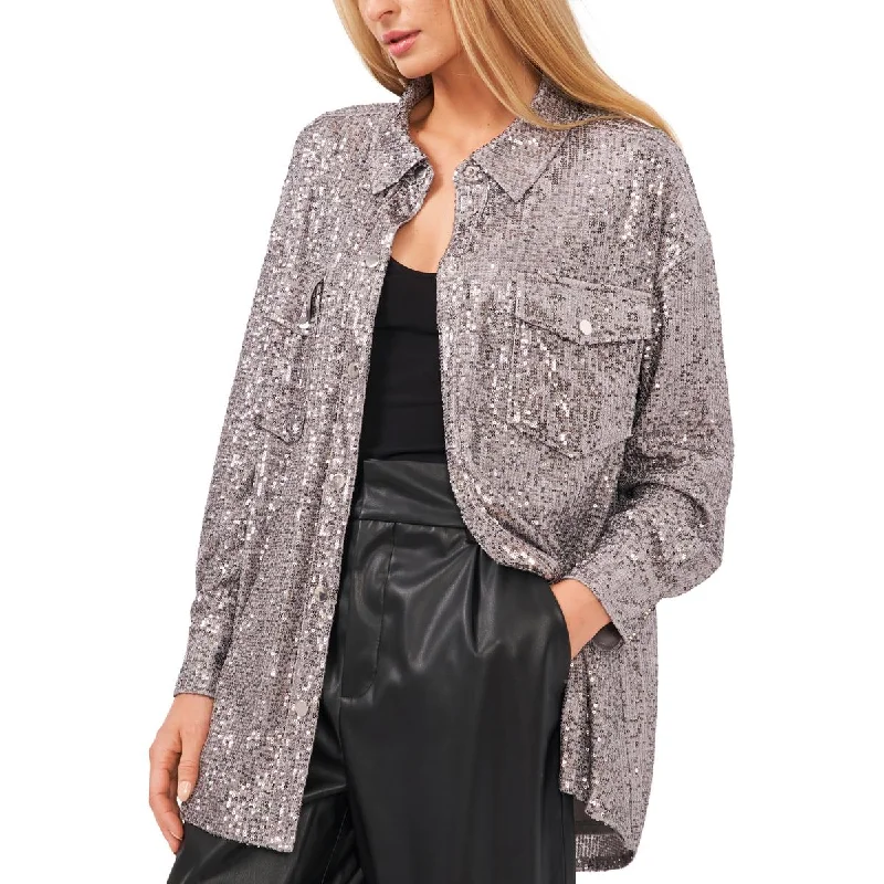 women’s elegant blazers -Womens Sequined Midi Shirt Jacket