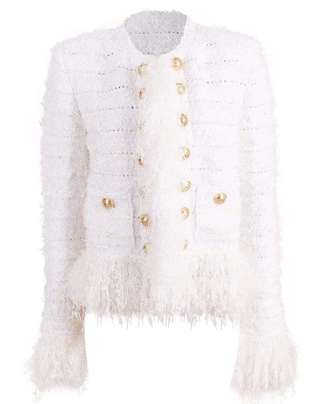 women's reversible jackets -Blanc Collarless Fringe Tweed Jacket