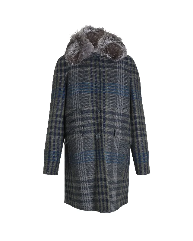 longline coats for women -Loro Piana Fur Collar Plaid Coat in Multicolor Cashmere