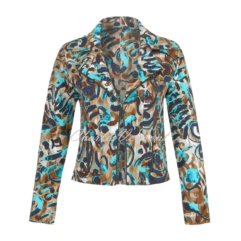 women’s fashion coats -Knit Abstract Moto Jacket In Brown, Aqua, Multi