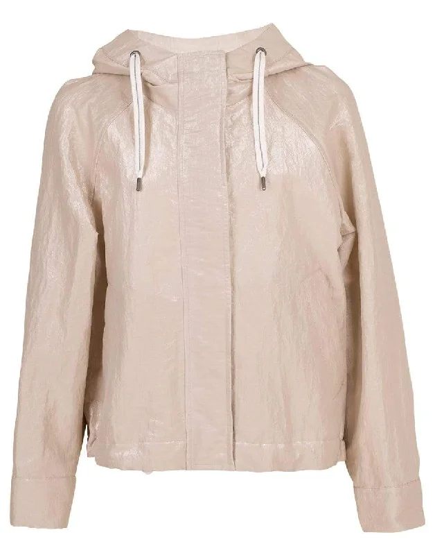 ladies' biker jackets -Beige Hooded Taffeta Jacket