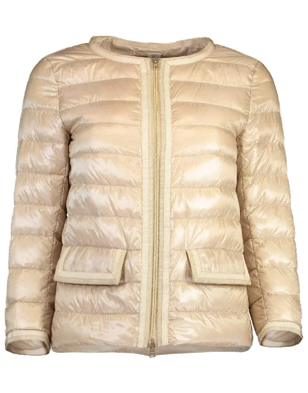 ladies' double-breasted wool coats -Light Sand Classic Grosgrain Trim Down Puffer Jacket