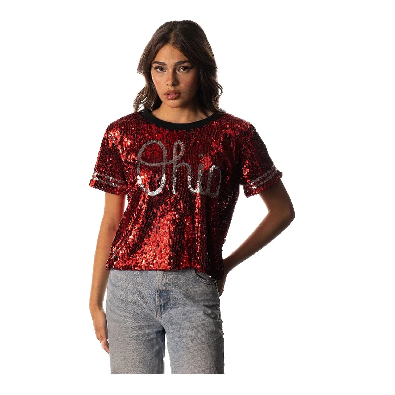 women's cold shoulder tops -Ladies Cropped Sequin Scarlet T-Shirt