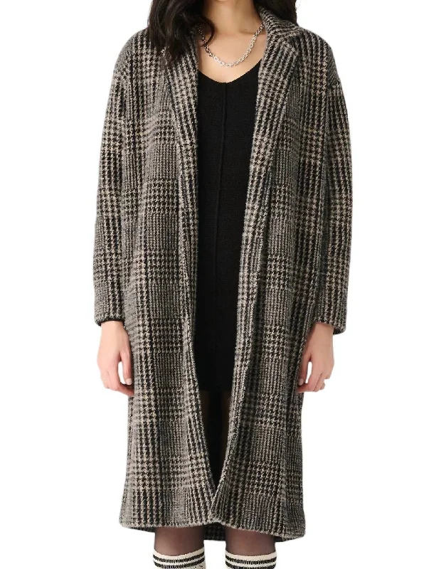 women's down coats -Long Sleeve Soft Coat In Houndstooth Plaid