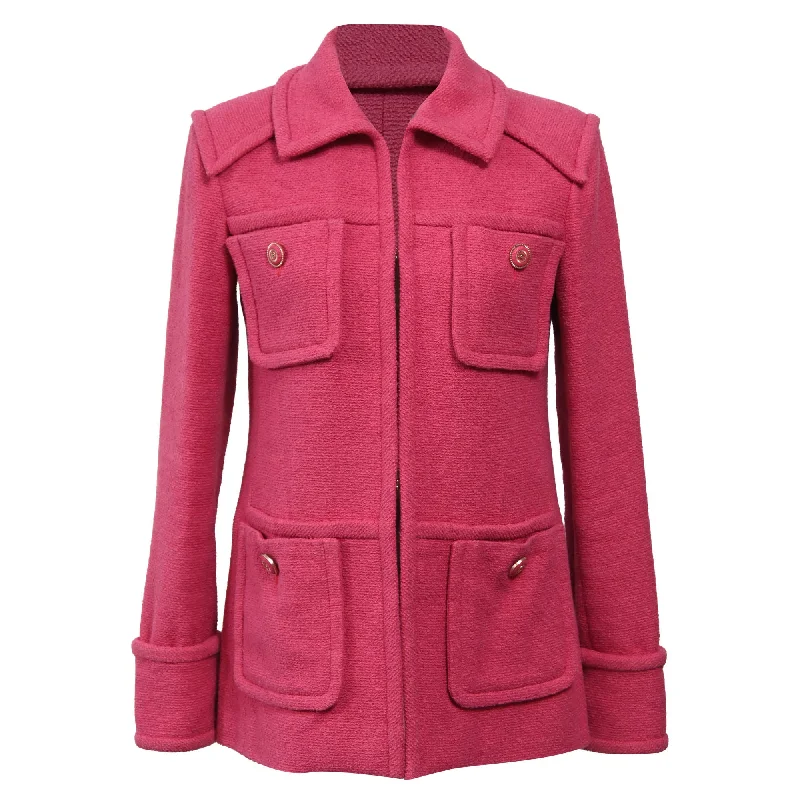 warm padded jackets for women -Chanel Four-Pocket Hook and Eye Jacket in Pink Cotton Tweed