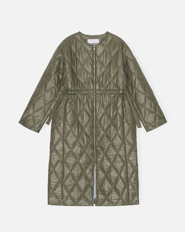 ladies' zip-up jackets -Shiny Long Quilt Coat - Green