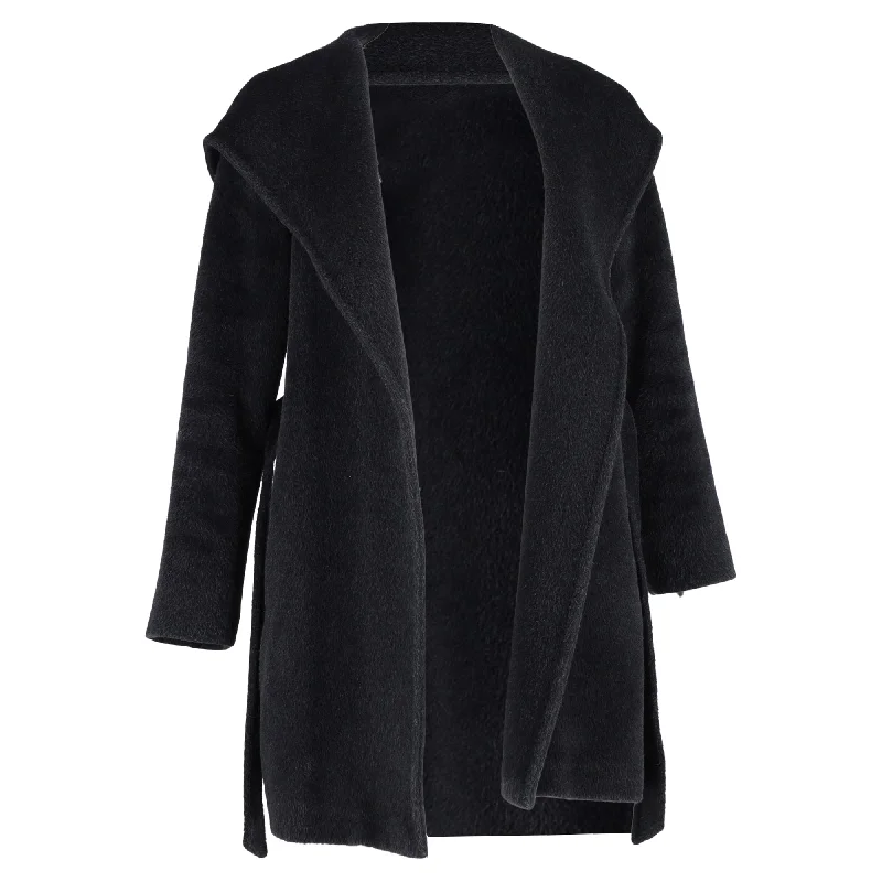 women’s sporty windbreakers -Max Mara Hooded Coat with Belt in Black Wool