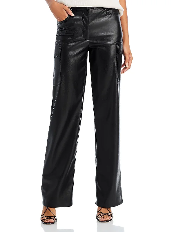 women's oversized pants -Nate Womens Faux Leather Mid-Rise Cargo Pants