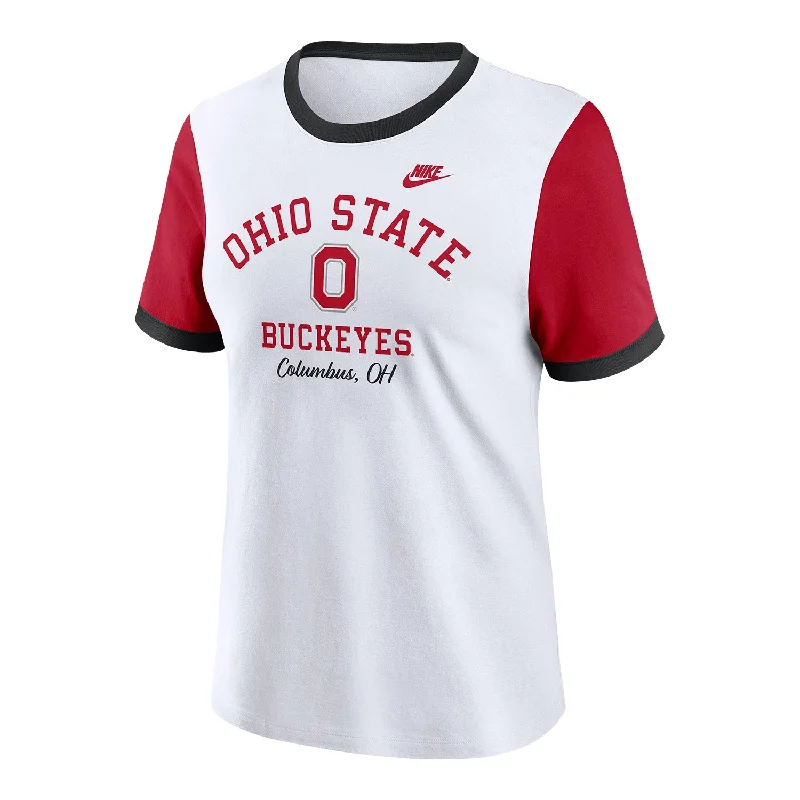 women's cotton t-shirts -Ladies Ohio State Buckeyes Nike Retro Ringer White/Scarlet T-Shirt