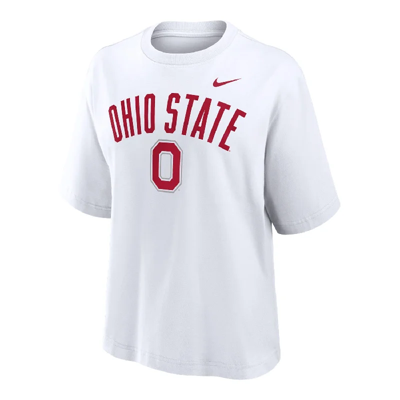 women's button-down shirts -Ladies Ohio State Buckeyes Nike Block O Boxy White T-Shirt