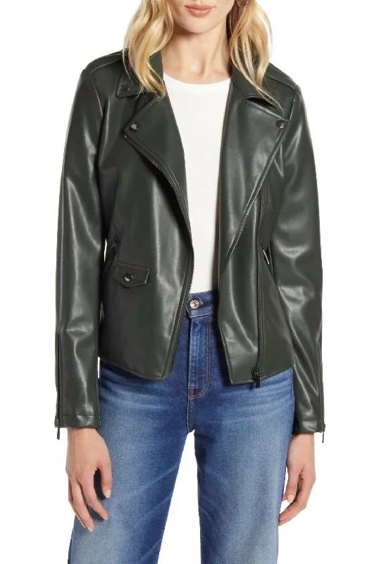 long trench coats for women -Faux Leather Motorcycle Biker Moto Jacket In Dark Green