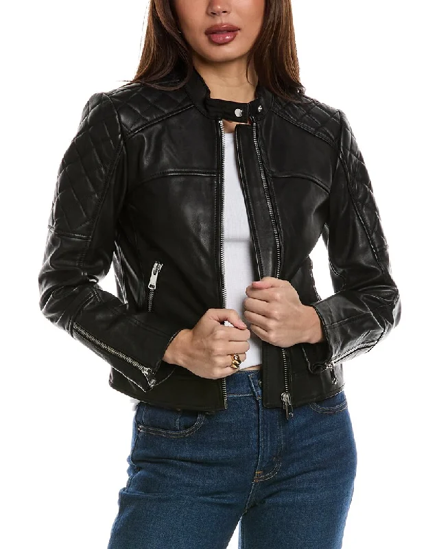 women’s structured blazers -Reiss Adelaide Collarless Leather Biker Jacket