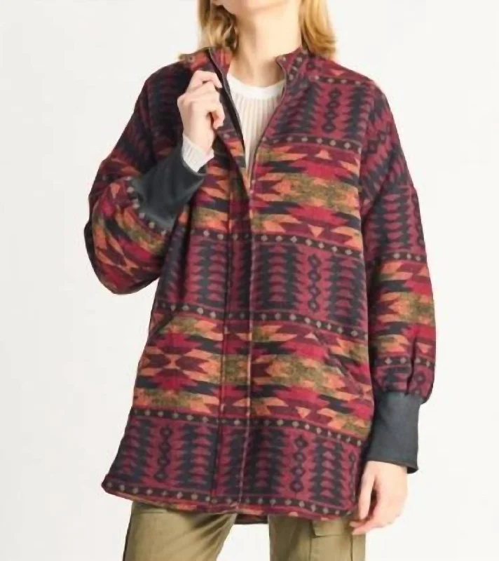 women’s fashion coats -Geo Zip Front Printed Jacket In Afghan Burgundy Geo