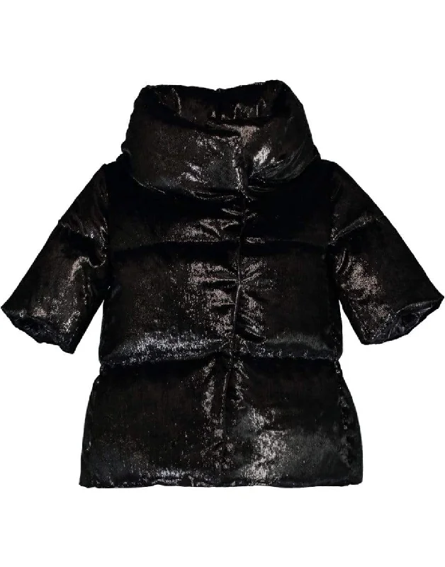 women's denim jackets -Black Short Sleeve Crystal Velvet Jacket