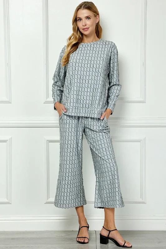 women's linen pants -Grey Glitter Textured Long Sleeve Top & Pant Set