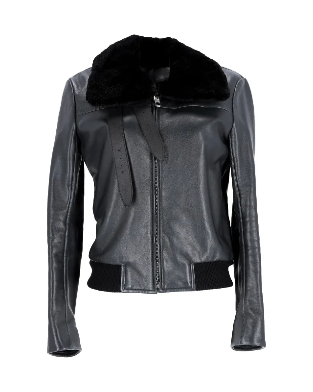 women's teddy bear coats -Balenciaga Fur Collar Biker Jacket in Black Leather