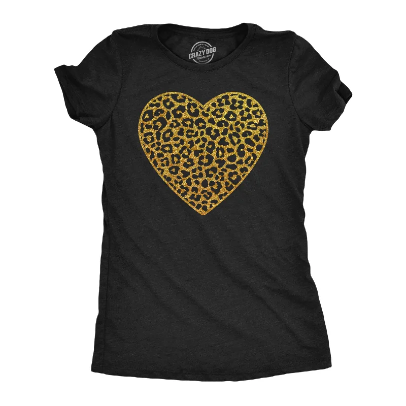 trendy tops for women -Gold Glitter Leopard Print Heart Women's T Shirt