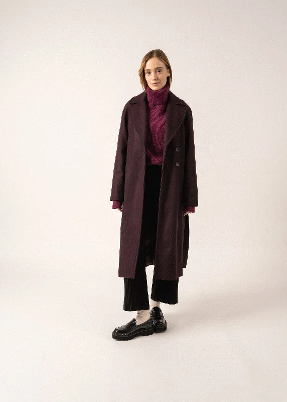 classic blazers for women -Ste Enora Classic Coat - long and belted (PRUNE FONCE)