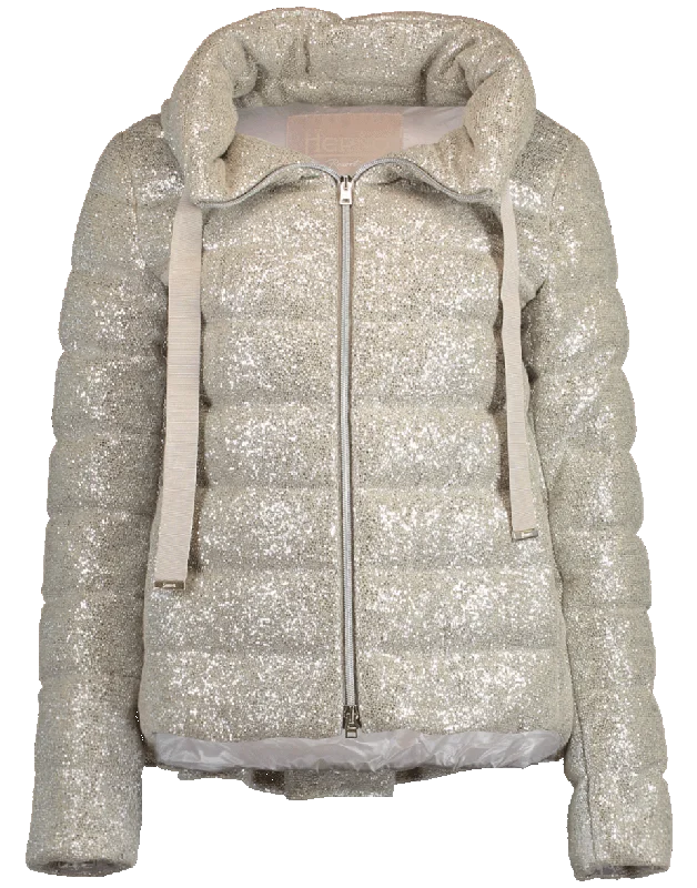 women's double-breasted coats -Sparkle Pleated Puffer Jacket