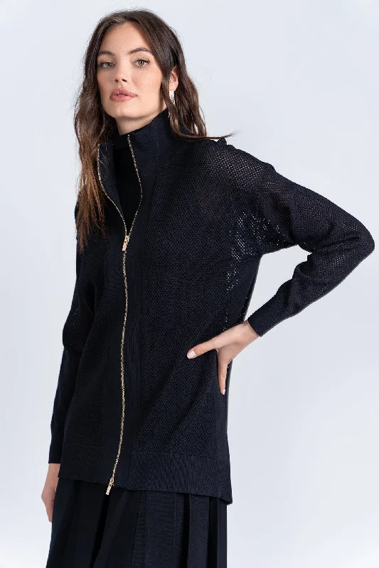 women's knitted coats -Mesh Knit Long Bomber