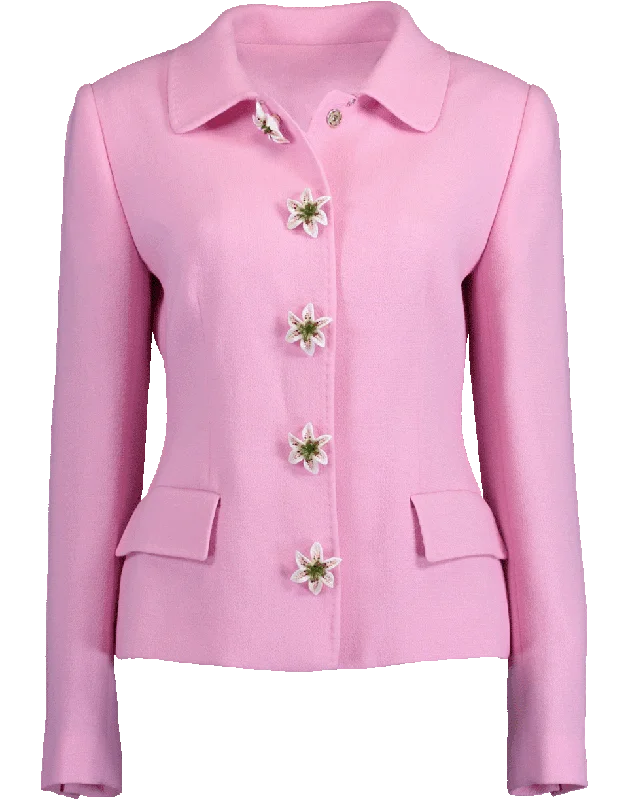 ladies' fleece jackets -Structured Jacket with Lily Flower Buttons