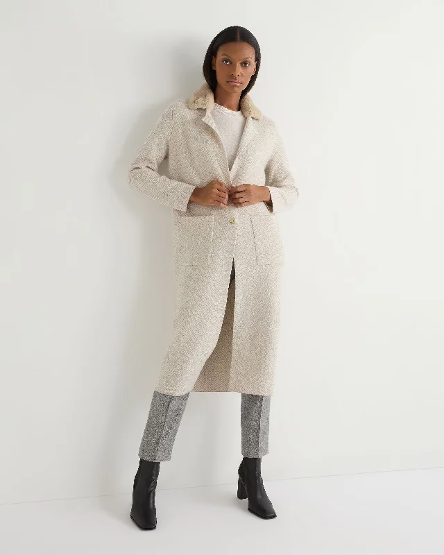 ladies' tailored coats -Women's Herringbone Cashmere Coat With Fur Trim Sand Brown