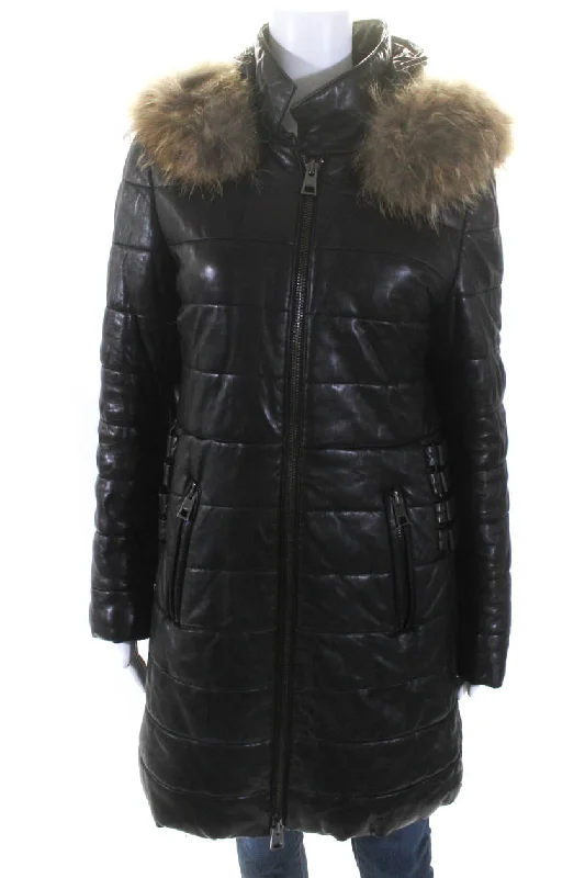 women's plaid coats -Rizal Womens Zip Up Leather Down Quilted Raccoon Fur Hooded Jacket Black Large