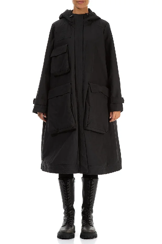 women's casual coats -Hooded Black Cotton Coat