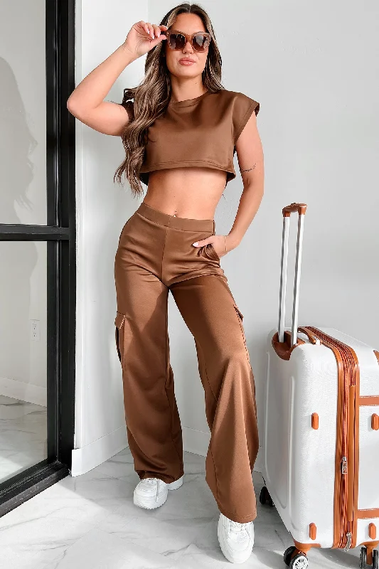 casual joggers for women -Point Of Interest Crop Top & Cargo Pants Set (Mocha)