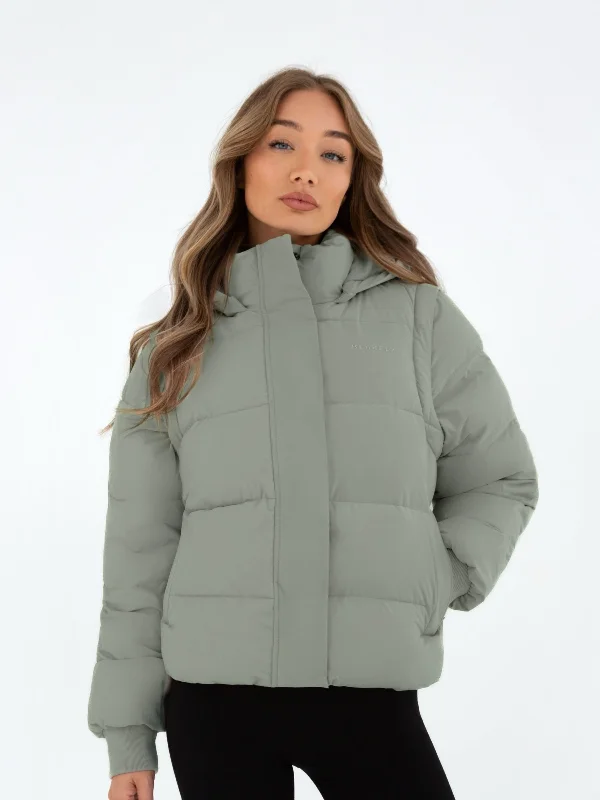 ladies' biker jackets -Multiway Puffer Coat 2 - Sage Green