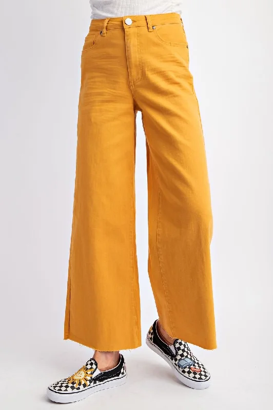 trendy wide-leg pants for women -Mustard Soft Stretch Twill High Waisted Pants