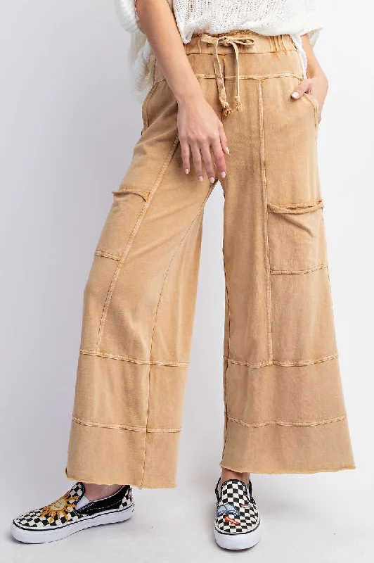 women's button-up skirts -Camel Mineral Washed Terry Knit Pants