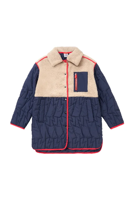 women's teddy bear coats -Navy Quilted Lightning Bolt with Borg Coat