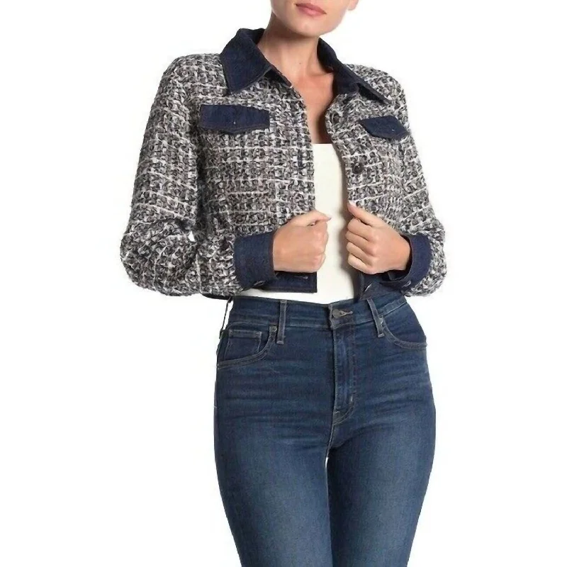 women's quilted jackets -Tweed Glitter Contrast Denim Crop Jacket In Blue