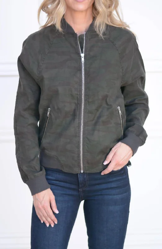 warm wool coats for women -Remy Linen Bomber In Midnight Camo