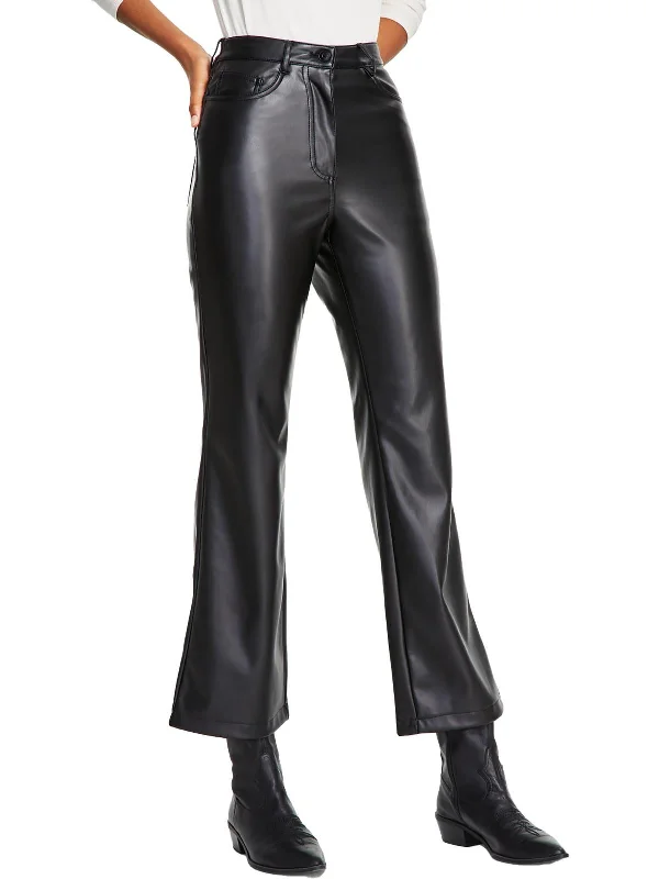 women's work trousers -Womens Faux Leather Mid Rise Straight Leg Pants